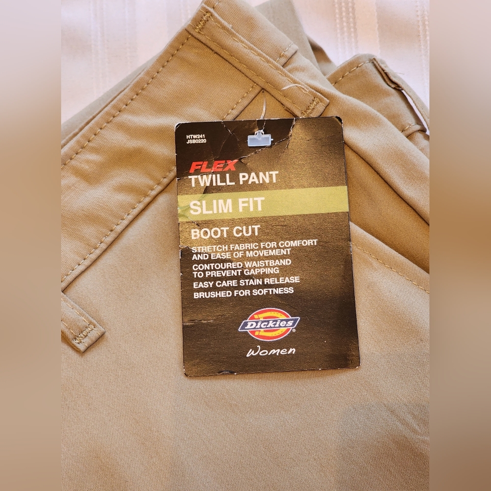 NEW Dickies Womens Slim Fit Boot Cut Midrise Tan Pants 16 Long